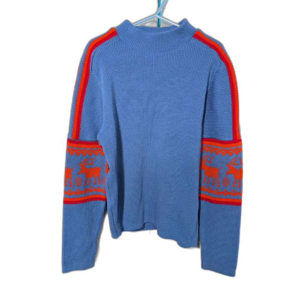 Gorpcore vintage Alpine Fair Isle Knit Sweater Periwinkle Blue Orange Reindeer